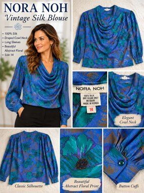 Vintage Nora Noh 100% Silk Cowl Neck Blouse Size 14 Blue Green Abstract Floral